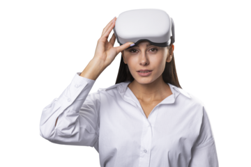 Engaged woman experiencing virtual reality, VR headset in focus, white background. Digital innovation concept