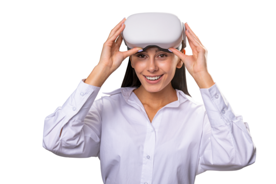 Joyful woman adjusting virtual reality headset, white shirt, isolated on white. Immersive technology concept
