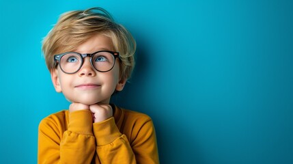 Pensive young lad wearing spectacles against colorful backdrop.