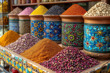 The cultural mosaic of spice bazaar, where aromatic spices, teas, and Turkish delights create a sensory experience. Concept of spice market allure. Generative Ai.