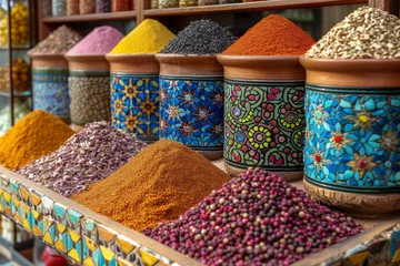Dekokissen The cultural mosaic of spice bazaar, where aromatic spices, teas, and Turkish delights create a sensory experience. Concept of spice market allure. Generative Ai. © Sebastian