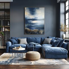 A Scandinavian apartment boasts a modern living room with a dark blue sofa and recliner chair as key elements of its interior design.