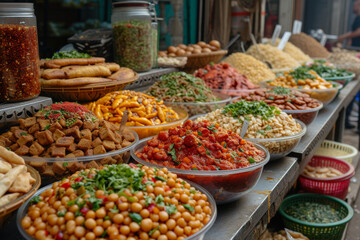 Obraz premium The hustle and bustle of a late-night Suhoor market, where vendors offer a variety of foods to help sustain the fasting individuals until dawn. Concept of Suhoor market vitality. Generative Ai.