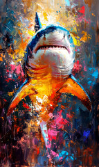 Shark oil painting on canvas. Colorful background.	
