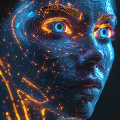 An image portrays a side view of a humanoid head adorned with striking blue and yellow eyes, accompanied by a vibrant neon neural network, symbolizing futuristic technology and artificial intelligence