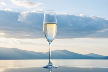 A champagne glass poised delicately against a backdrop of wispy clouds, casting subtle reflections that suggest a sunlit sky, champagne effervescence captured mid-ascent. Generative AI