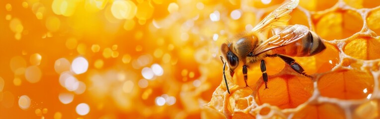 Bee on Honeycomb in Sun - obrazy, fototapety, plakaty