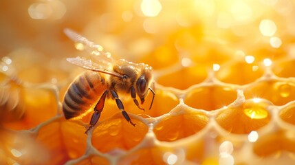 Bee on Honeycomb Close Up - obrazy, fototapety, plakaty
