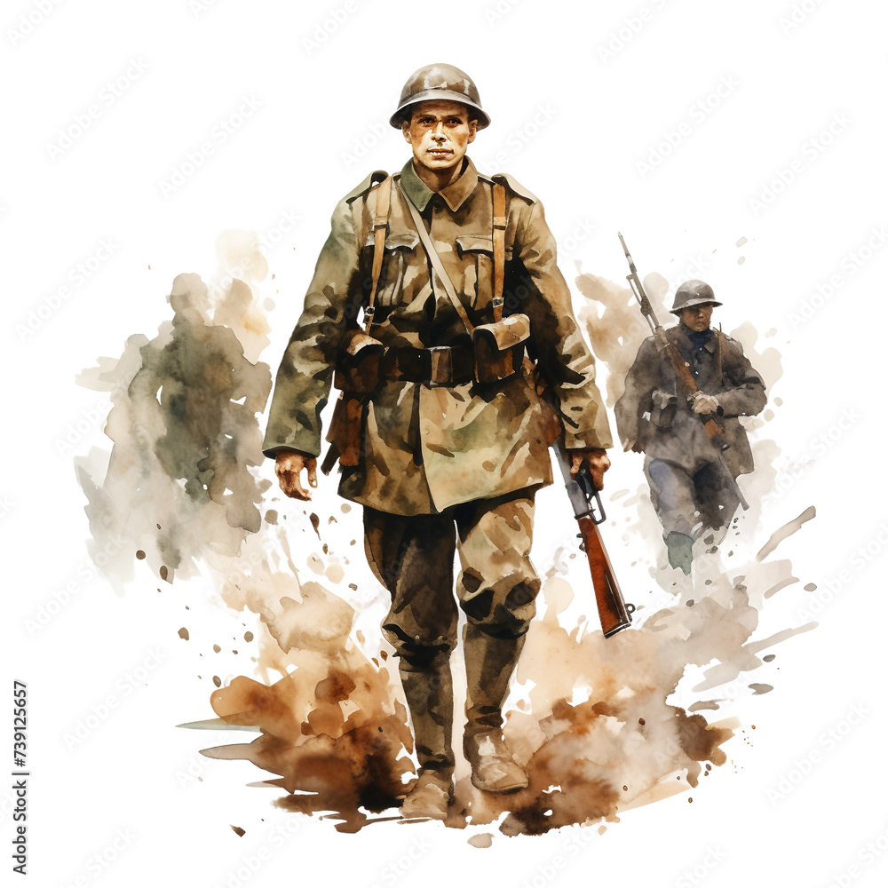 Wall mural Watercolor military in a trench isolated on a white background