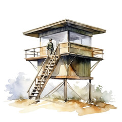 Watercolor military in an observation post isolated on a white background