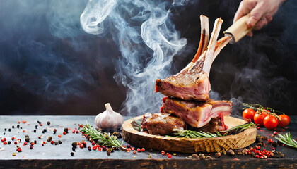 Fresh Cooking of Lamb meat with smoke and flame, closeup; barbecue concept meat fresh raw cut Generated AI