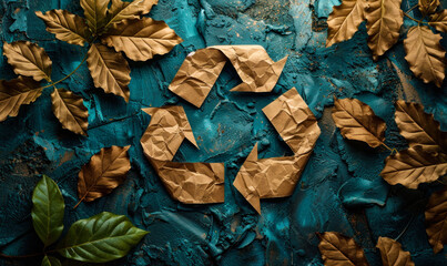 Eco friendly concept showcasing recycling symbol on brown paper, breaking through a blue wall surrounded by green leaves, promoting environmental conservation