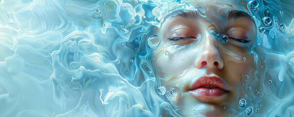 Surreal portrait of a serene woman's face merging with dynamic water elements, symbolizing tranquility, fluidity of emotions, and the ethereal nature of the subconscious - obrazy, fototapety, plakaty