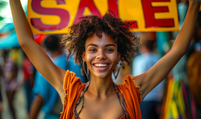 Excited young woman with arms raised in front of a store with a bright red SALE sign, depicting enthusiasm for shopping and discounts in a retail setting