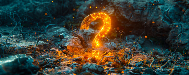 Glowing golden question mark illuminating rocky terrain, symbolizing the quest for answers, mystery, and the unexplored paths of knowledge and discovery - obrazy, fototapety, plakaty