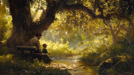 The father gently teaches the child how to fish in the nearby stream, their laughter mingling with the gentle babble of the water - obrazy, fototapety, plakaty