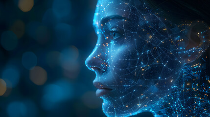 Close-up portrait of a woman immersed in digital technology concept, representing the fusion of innovation and futuristic vision in modern society.