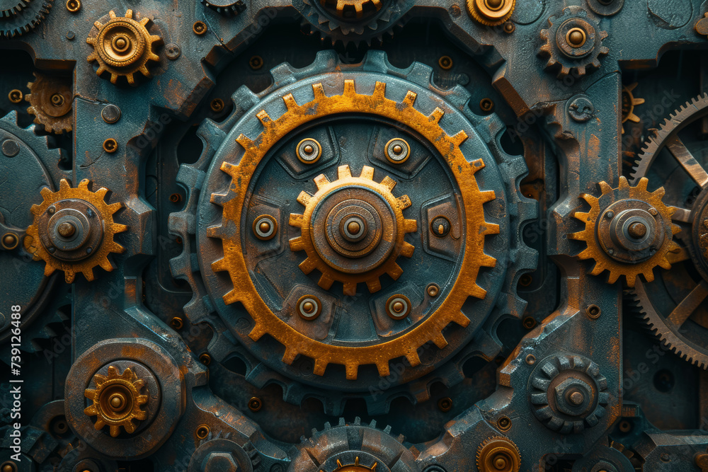 Poster a kaleidoscopic pattern of interconnected gears and cogs, symbolizing the complexity and interdepend