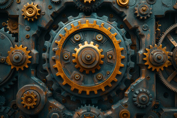 A kaleidoscopic pattern of interconnected gears and cogs, symbolizing the complexity and...