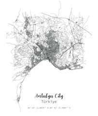 Antalya city vector map poster. Turkey municipality  linear street map,vector image for marketing ,digital product ,wall art and poster prints. - obrazy, fototapety, plakaty
