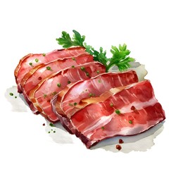 streaky pork illustration, type of meat, full body, watercolor illustration.