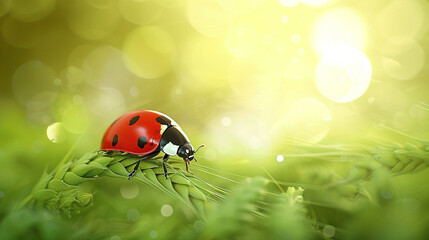 ladybug on grass - obrazy, fototapety, plakaty