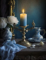 A candle on a wooden table, renaissance style, still life, moody style, blue hues