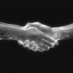 illustration depicting two wire-frame hands glowing, engaged in a handshake, symbolizing the concepts of technology, business, and trust.