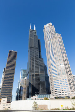 Chicago skyline with The Willis Tower (formerly Sears Tower) taken from Chicago river in Chicago, USA