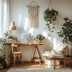 Minimalistic boho interior with design and handmade macrame shelf planter hanger for indoor plants, wooden desk, armchair, lamp, white cube and elegant accessories. Stylish home decor. White walls.