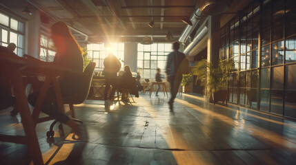 Employees in a contemporary office space. In a modern office setting with dynamic motion blur, business professionals collaborate in a shared workspace - obrazy, fototapety, plakaty