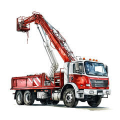 Watercolor cherry picker truck isolated on a white background