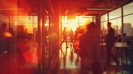 Employees in a contemporary office space. In a modern office setting with dynamic motion blur, business professionals collaborate in a shared workspace