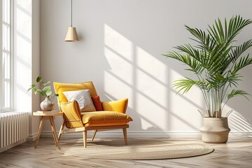 Fototapeta na wymiar Modern living room with armchair. Scandinavian style interior design. 3D illustration.
