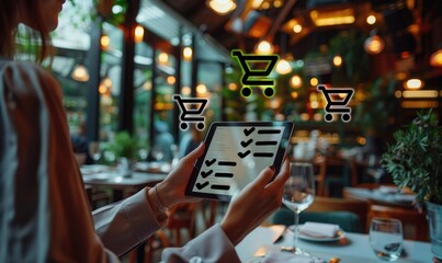 woman with checklist and cart icon, woman at cafe restaurant with shopping concept.