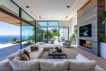 Modern, minimalist luxury living room with gas fireplace and patio doors open to ocean view and patio