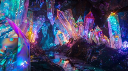 Within the depths of a spectral cavern, on Pride Day, a dazzling display of luminescent crystals illuminates the darkness.