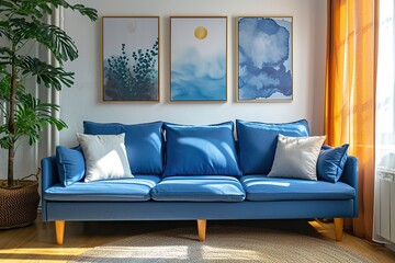 Real photo of bright living room interior with royal blue couch, three simple paintings, window with curtains and fresh plants