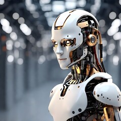 Humanoid Robot Employed as Computer Operator in Office: IT Support Team, Advanced AI Worker, Futuristic Call Center Assistance Through Generative AI