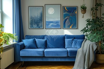 Real photo of bright living room interior with royal blue couch, three simple paintings, window with curtains and fresh plants