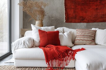 Red Throw on White Sofa in Modern Living Room