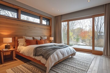 Scandinavian style bedroom with natural wood furniture