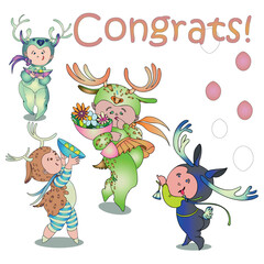 Funny children's animal costumes for boys and girls for masquerade. Deer costume. Flat design vector illustration.