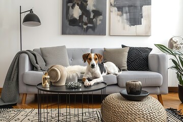 Stylish and scandinavian living room interior of modern apartment with gray sofa, design wooden commode, black table, lamp, abstrac paintings on the wall. Beautiful dog lying on the couch. Home decor - obrazy, fototapety, plakaty