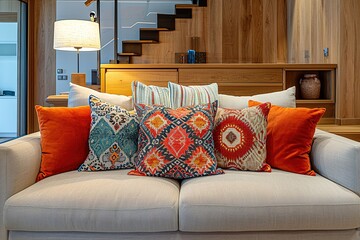 Sofa with cushions arranged against staircase and electric lamp on cabinet in living room at home
