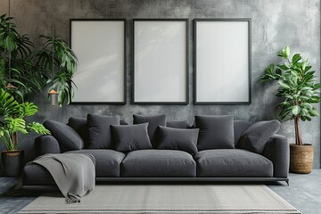 Three frames mockup with dark sofa in a modern living room interior, 3d render