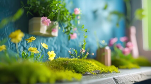 Comfortable vivid minimalist interior overgrown with grass and flowers. Sunlight from the window. Green lifestyle. A harmonious room with grass, flowers and plants inside.