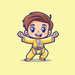 Cute character karate kid in yellow clothes vector cartoon