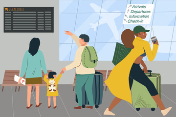 Characters of people in the departure area at the airport. Passengers with luggage in the waiting room of the international terminal, departure board. Tourists with luggage hand drawn vector art.