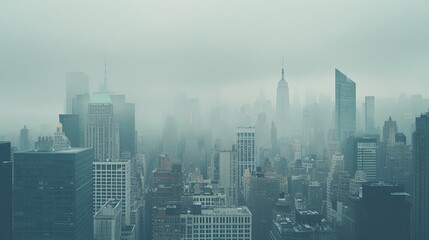 A bustling metropolis emerges from behind the fog, its buildings towering - obrazy, fototapety, plakaty
